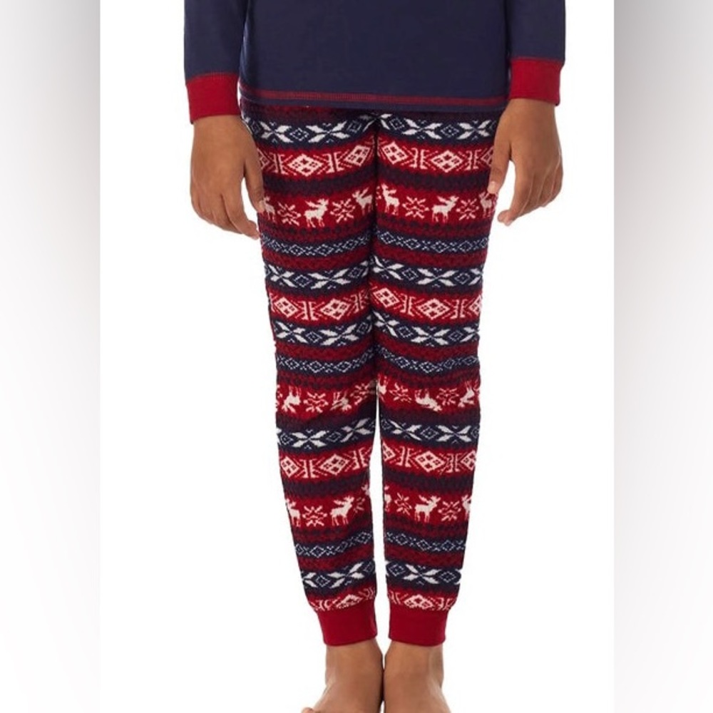 10/12 Reindeer Snowflake Fair Isle Flannelette Winter Leggings, Red Navy White